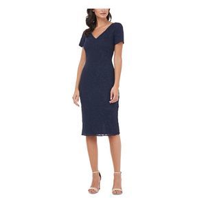 JS COLLECTION Womens Navy Short Sleeve Below The Knee Sheath Dress 18